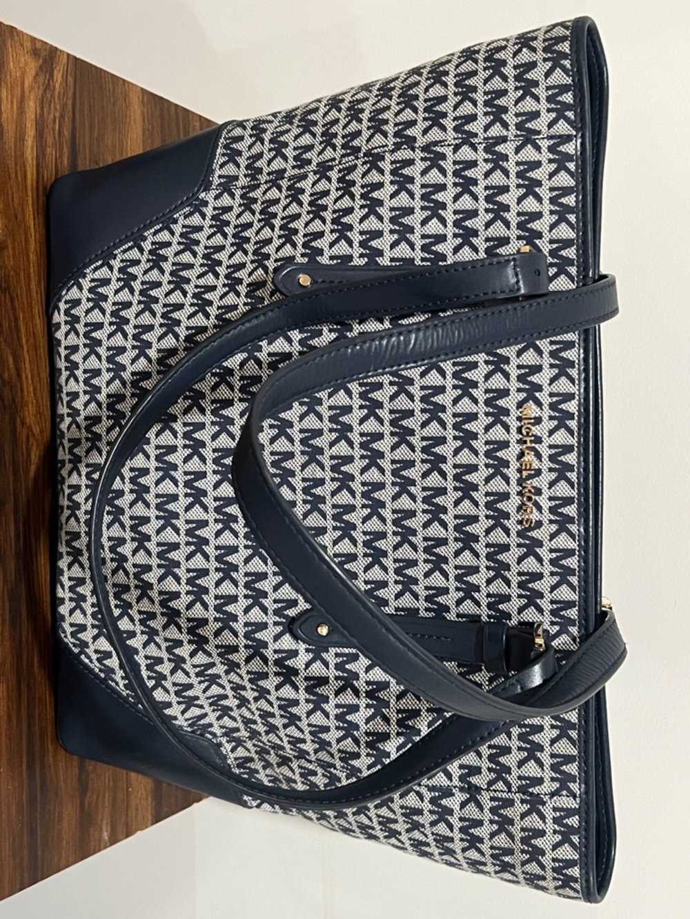 Michael Kors Aria LG Tote Bag Navy Signature MK Monogram Large Shoulder Bag - Picture 3 of 12